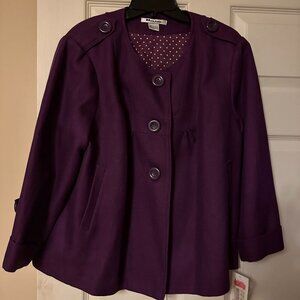 NWT Nygard Size 16 Purple Plum Textured Pea Coat Jacket 3/4 sleeves